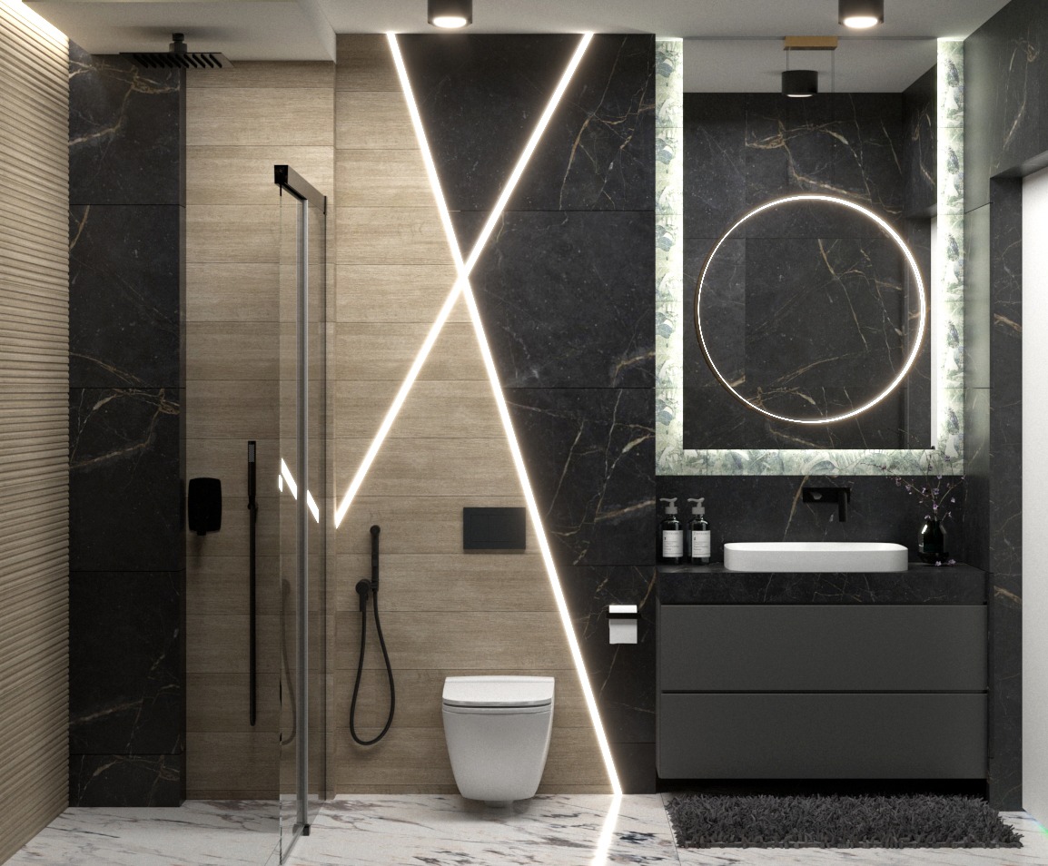 Nowoczesna łazienka z czarnym marmurem, podświetlanym lustrem w kształcie okręgu i minimalistyczną toaletą wiszącą.