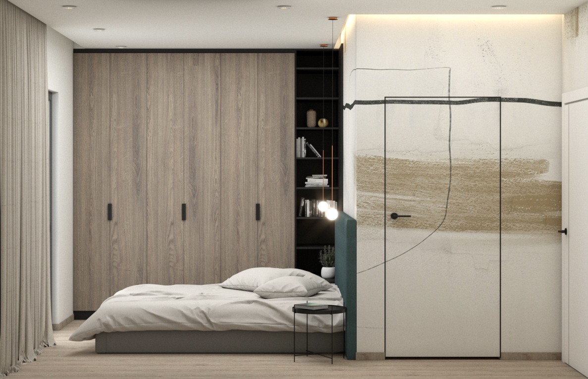 Nowoczesna sypialnia z łóżkiem, dużą szafą z drewnianymi frontami, otwartym regałem z dekoracjami i minimalistyczną lampą wiszącą z trzema kulami.