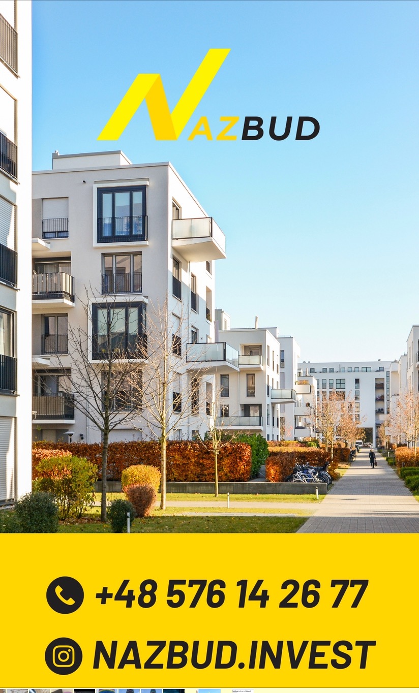 Nowoczesne, białe budynki apartamentowe z balkonami, otoczone zielenią i niskimi krzewami, pod błękitnym niebem, z logo firmy budowlanej w górnej części i danymi kontaktowymi w dolnej części zdjęcia.