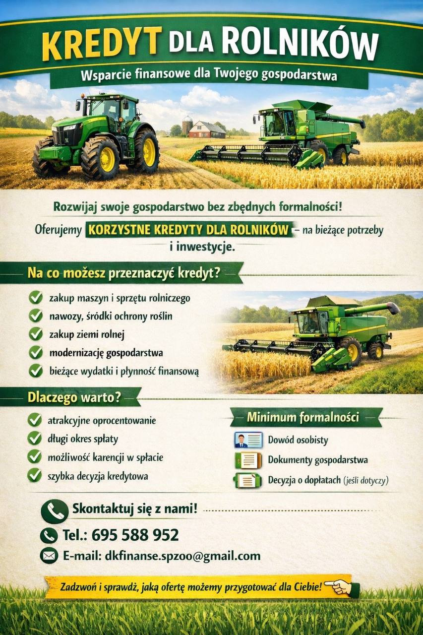 Reklama kredytu dla rolników: zielony traktor i kombajn na polu, informacje o ofercie, dane kontaktowe. Minimalne formalności, atrakcyjne warunki.