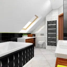 Wizualizacja łazienki na poddaszu z oknem dachowym, czarno-białymi płytkami i wanną z dekoracyjnym panelem.