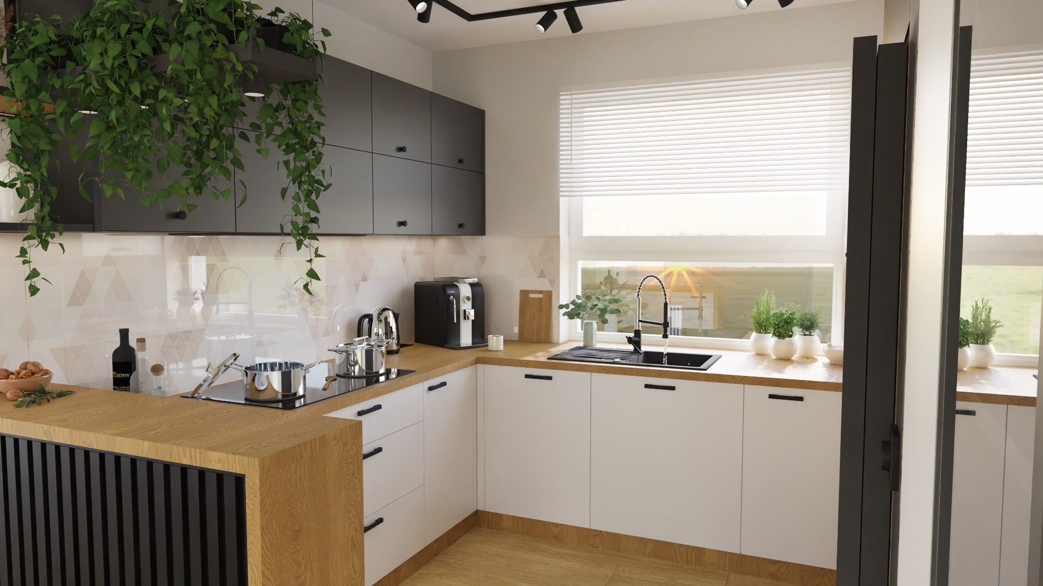 Nowoczesna kuchnia z drewnianym blatem i czarnymi akcentami w Brzeziu k. sulechowa. Rośliny wiszące dodają naturalnego charakteru wnętrzu. Minimalistyczny design.