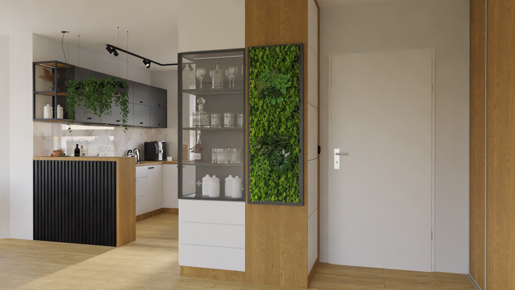 Nowoczesna kuchnia z wyspą, czarnymi szafkami i szklaną witryną z roślinami. Jasne drewno i minimalistyczny design tworzą spójną całość.