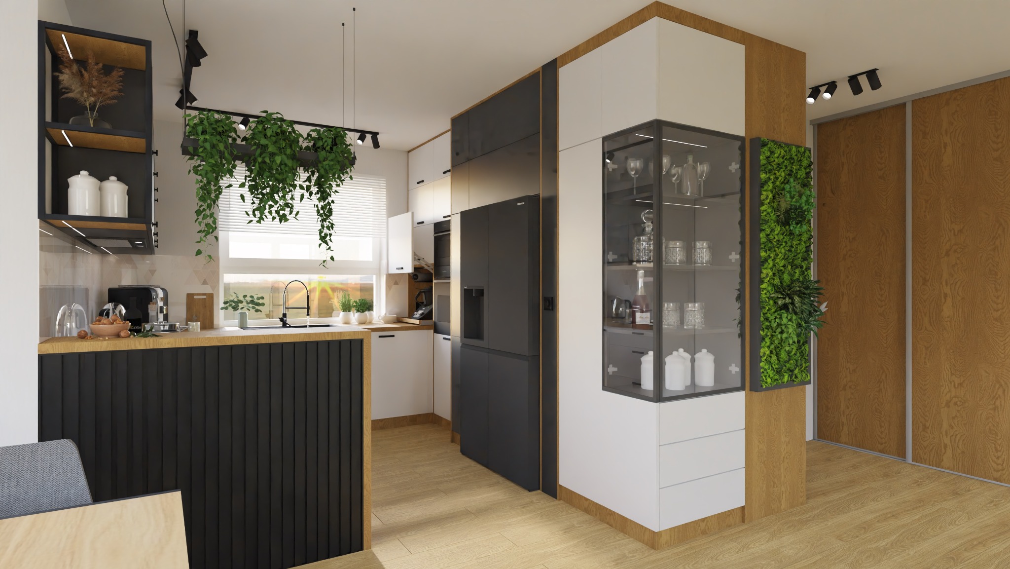 Nowoczesna kuchnia z czarnymi akcentami: wyspa z lamelami, zabudowa z witryną i pionowy ogród. Oświetlenie punktowe i wiszące rośliny dodają charakteru.