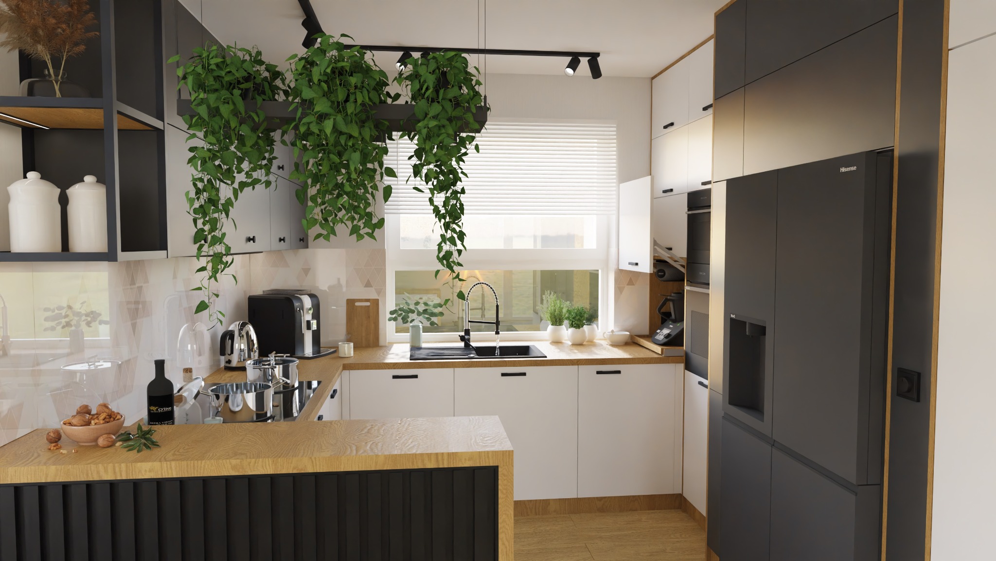 Nowoczesna kuchnia z wyspą, białe szafki, drewniany blat, czarne akcenty i wiszące rośliny. Minimalistyczny design z oknem i sprzętami AGD.