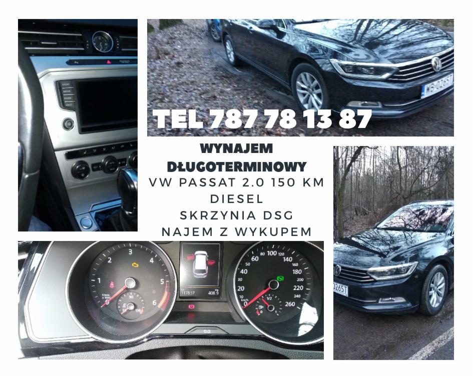 Kolaż zdjęć prezentujący wnętrze i zewnętrzny wygląd czarnego VW Passata 2.0 Diesel z automatyczną skrzynią biegów DSG, z informacją o wynajmie długoterminowym i możliwością wykupu, numer telefonu...
