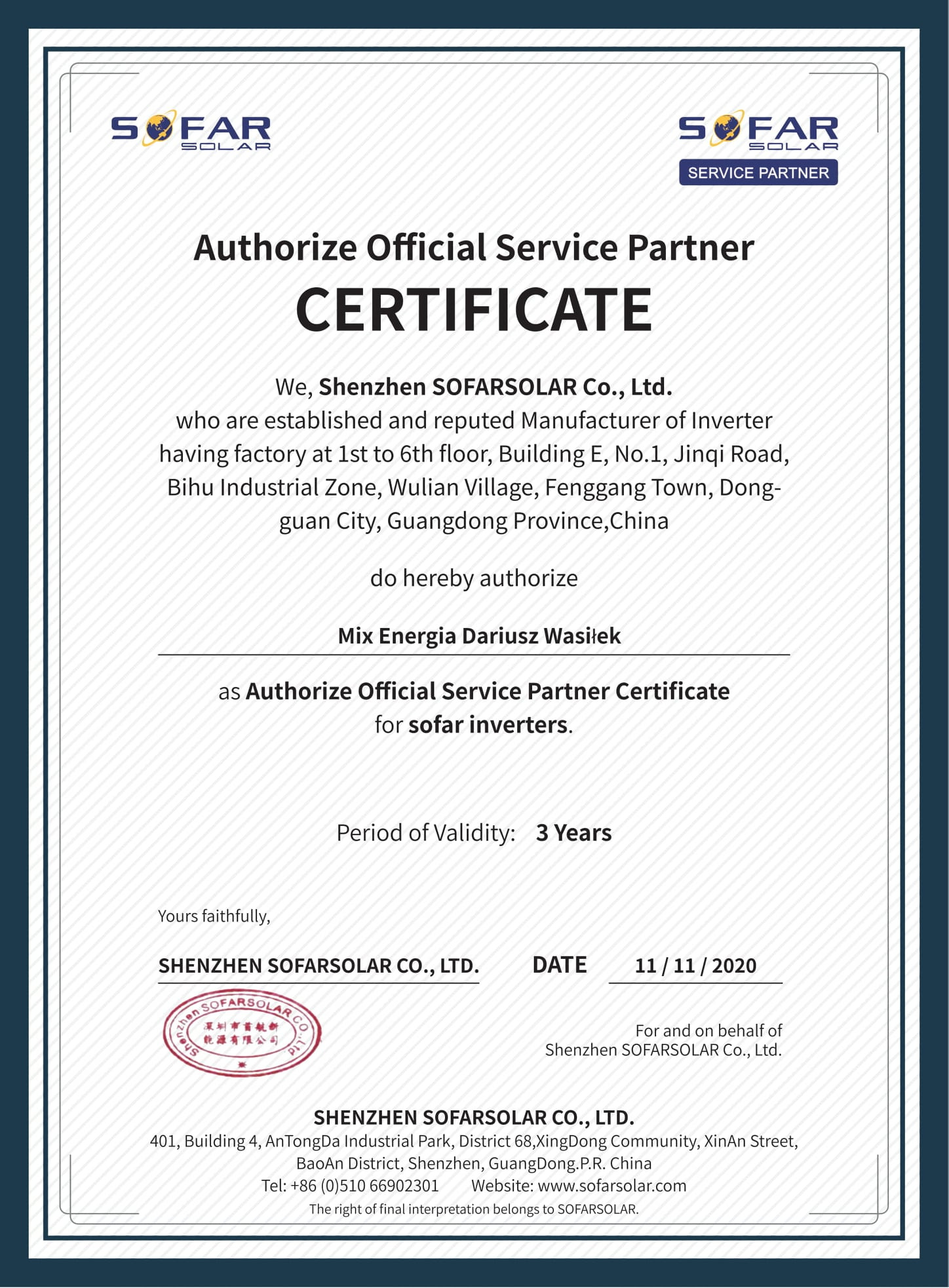 Certyfikat autoryzacji partnera serwisowego SOFAR SOLAR dla Mix Energia Dariusz Wasiłek, ważny przez 3 lata od 11.11.2020.