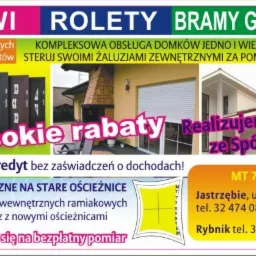 Reklama firmy oferującej drzwi, rolety i bramy garażowe, z hasłami rabatowymi i informacjami kontaktowymi.