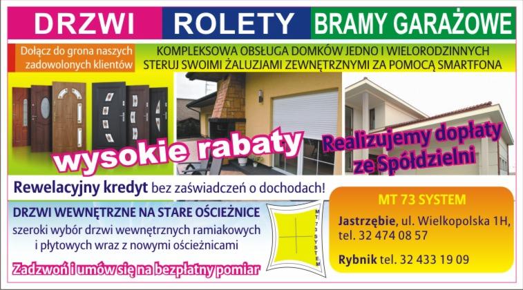 Reklama firmy oferującej drzwi, rolety i bramy garażowe, z hasłami rabatowymi i informacjami kontaktowymi.