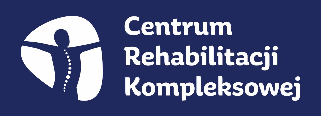 Logo Centrum Rehabilitacji Kompleksowej na granatowym tle, stylizowana sylwetka człowieka z zaznaczonym kręgosłupem.