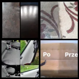 Kolaż zdjęć prezentujących efekty czyszczenia: podłoga, dywan z wzorem kwiatowym, tapicerka samochodowa i kanapa, z wyraźnym podziałem na stan 'przed' i 'po' zabiegu, z widocznymi napisami 'Przed'...