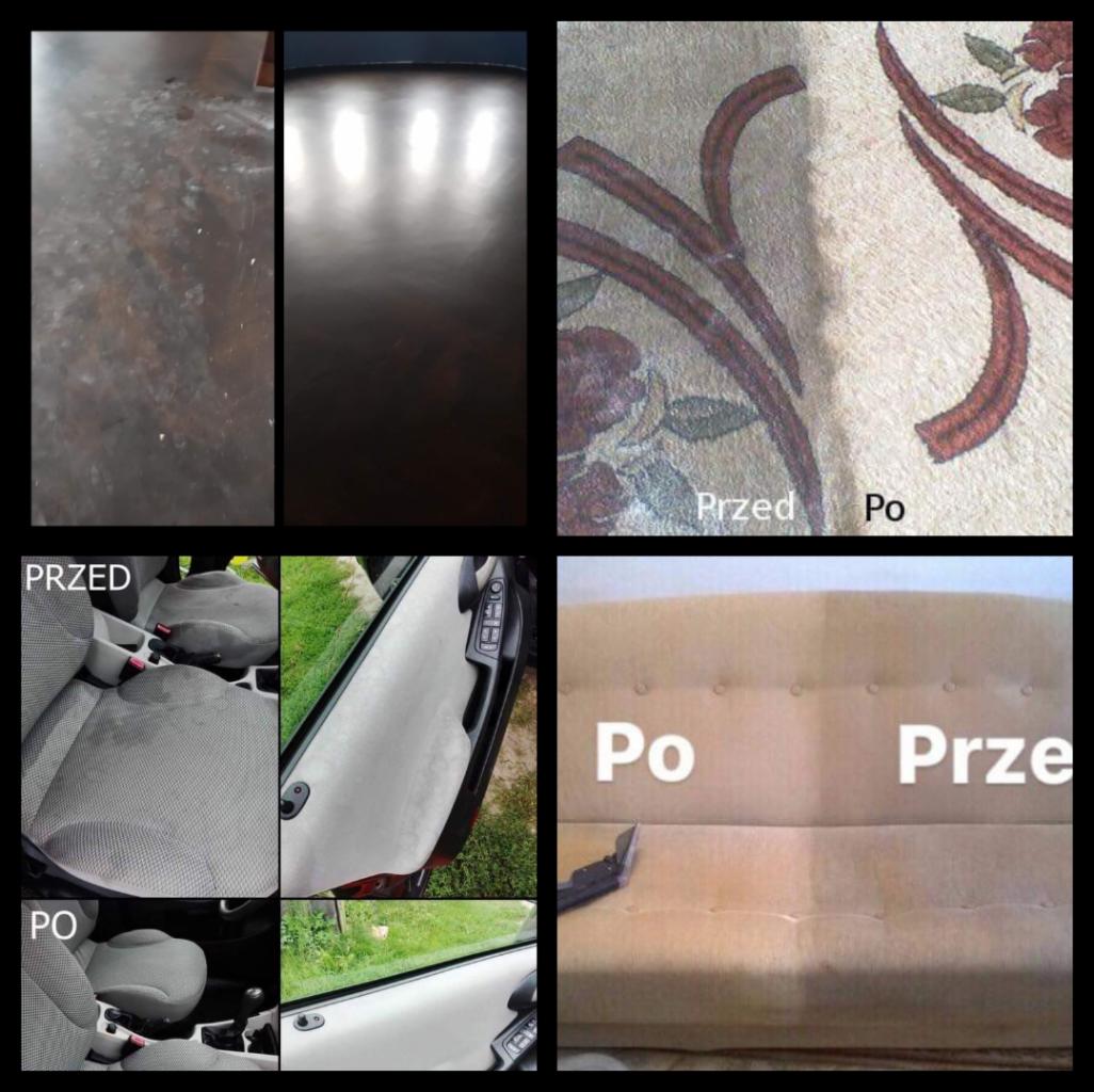 Kolaż zdjęć prezentujących efekty czyszczenia: podłoga, dywan z wzorem kwiatowym, tapicerka samochodowa i kanapa, z wyraźnym podziałem na stan 'przed' i 'po' zabiegu, z widocznymi napisami 'Przed'...
