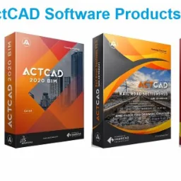 Różnokolorowe opakowania oprogramowania ActCAD w wersjach: Standard, Professional, BIM, Rail Road Sections, Dials & Scales, Nesting, z widocznymi elementami interfejsu użytkownika i projektami...