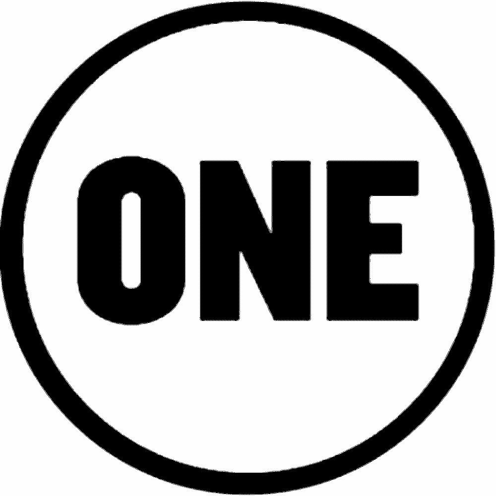 Czarno-białe logo z napisem 'ONE' wewnątrz okręgu.