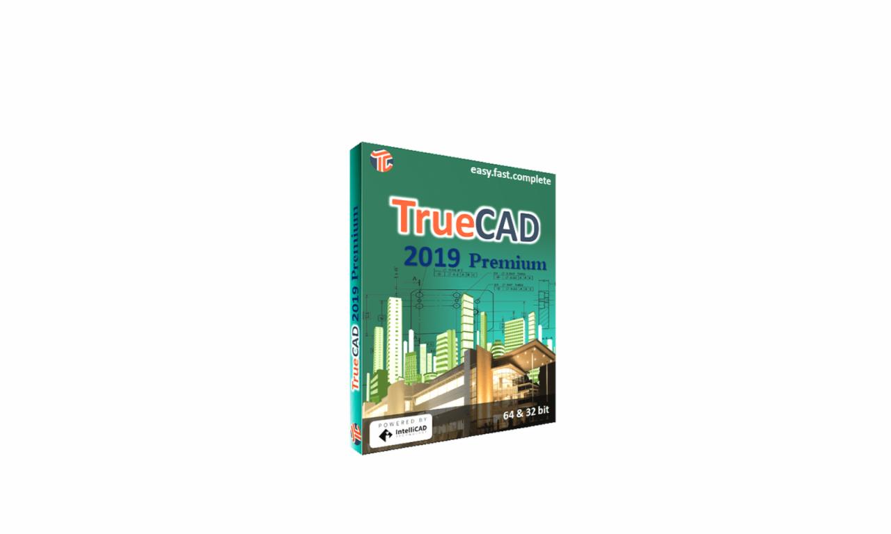 Pudełko oprogramowania TrueCAD 2019 Premium z wizualizacją nowoczesnego budynku i planów architektonicznych w tle.