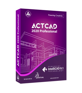 Pudełko fioletowego oprogramowania ACTCAD 2020 Professional z wizualizacją domu w tle, logo firmy i informacją o kompatybilności z IntelliCAD 9.1.