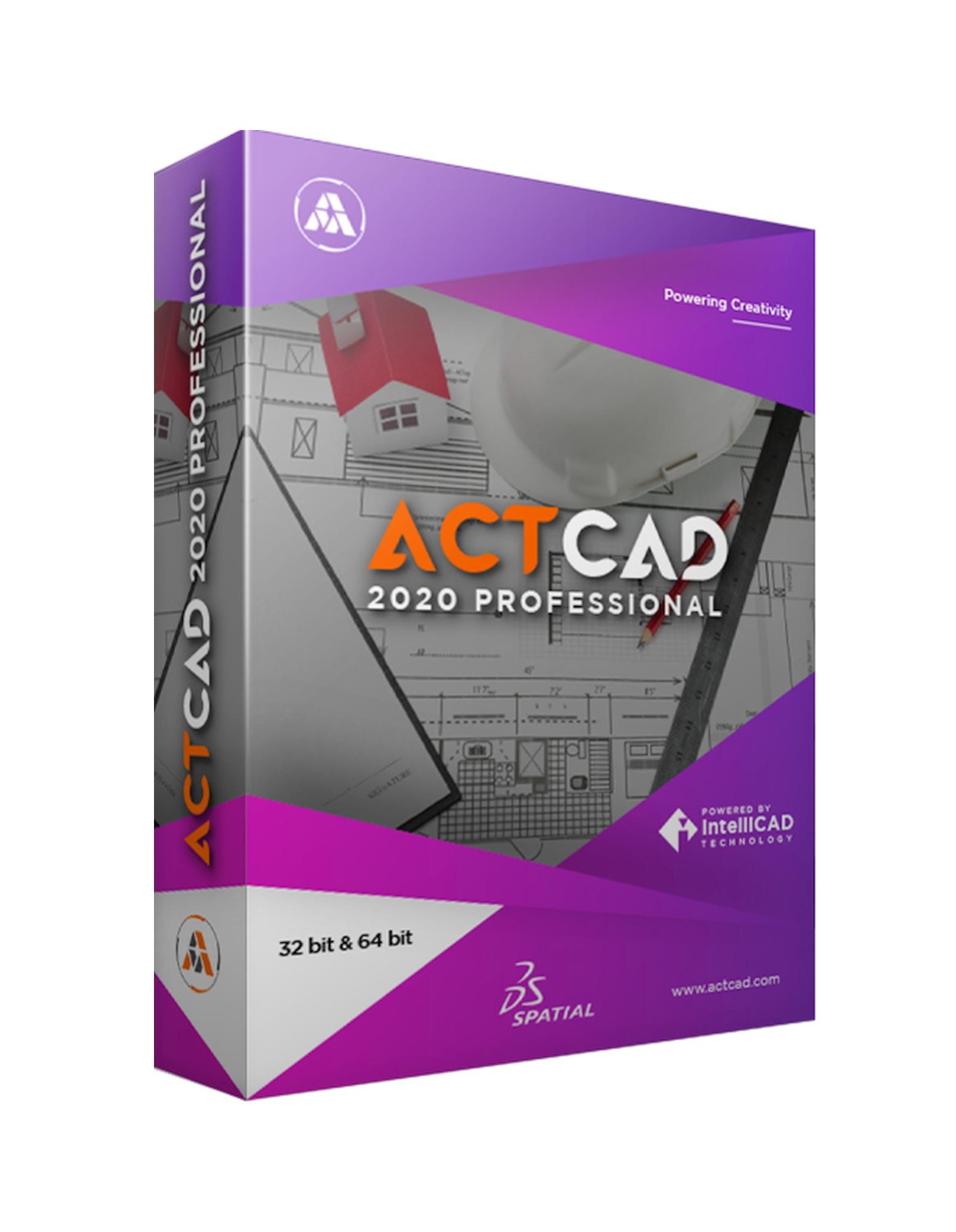 Pudełko oprogramowania ACTCAD 2020 Professional z rysunkami technicznymi, kaskiem budowlanym, ołówkiem i linijką w tle.