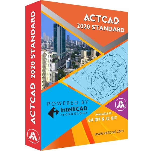 Pudełko oprogramowania ACTCAD 2020 Standard z widokiem miasta i schematem technicznym myszki komputerowej, wspierane przez IntelliCAD Technology, dostępne w wersji 64 i 32 bitowej.