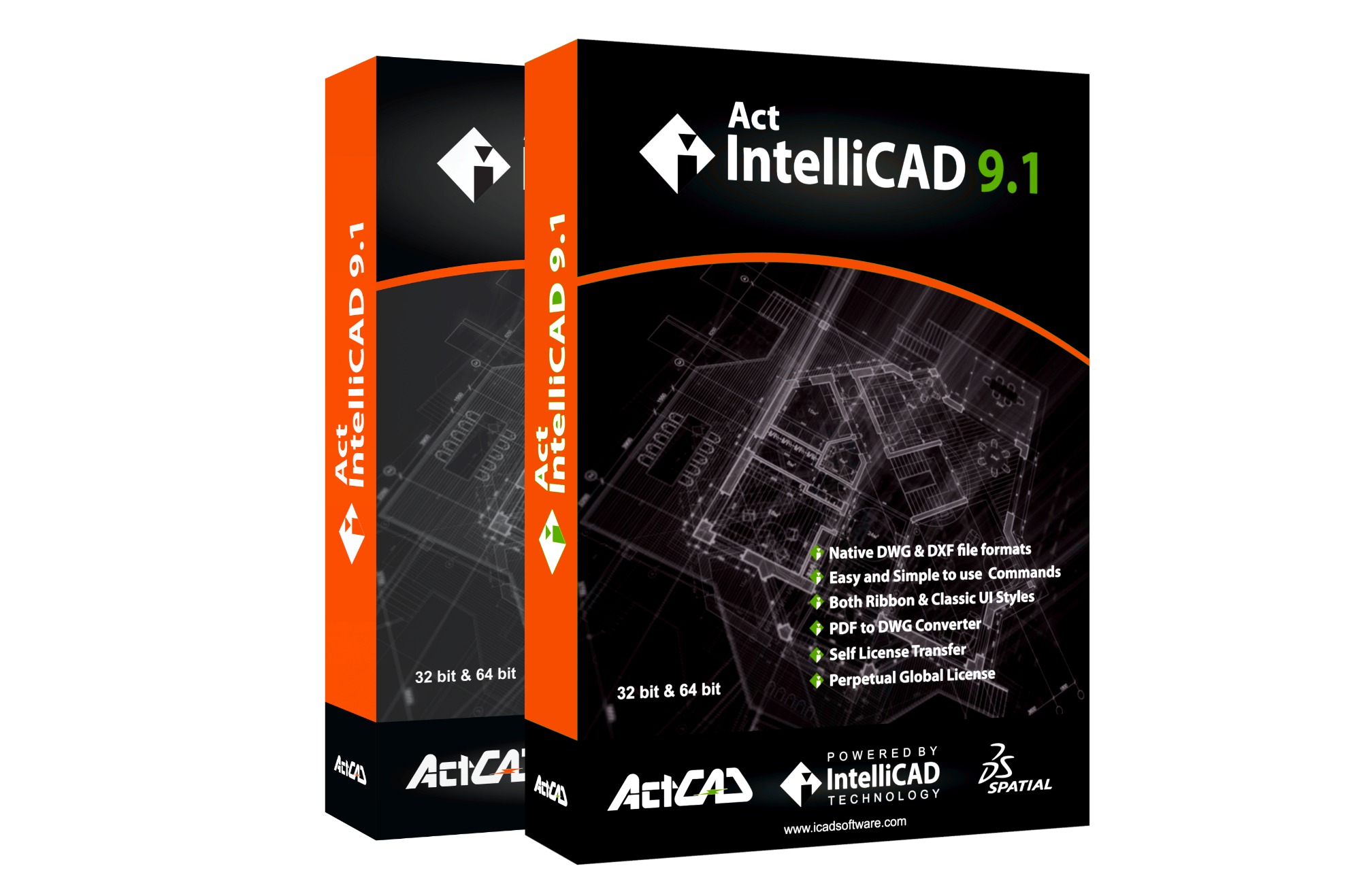 Dwa pudełka oprogramowania Act IntelliCAD 9.1 z widocznym planem architektonicznym w tle, informacją o obsłudze 32 i 64 bit oraz logo producenta.