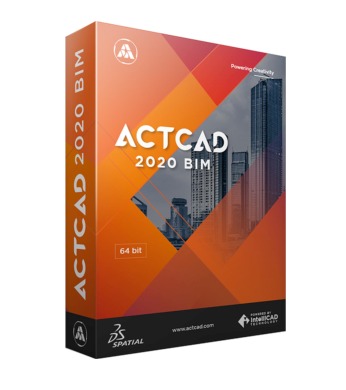 Pudełko oprogramowania ACTCAD 2020 BIM, pomarańczowo-czerwona grafika z widokiem na miasto w tle, informacja o wersji 64-bit