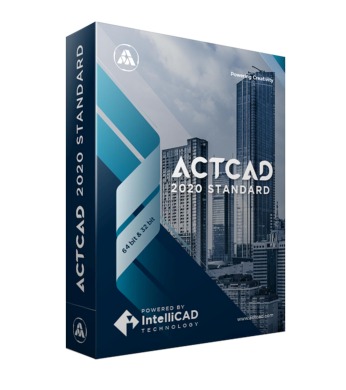Pudełko oprogramowania ACTCAD 2020 Standard z widocznym logotypem i informacjami o kompatybilności 64-bit i 32-bit, na tle grafiki przedstawiającej nowoczesne budynki.
