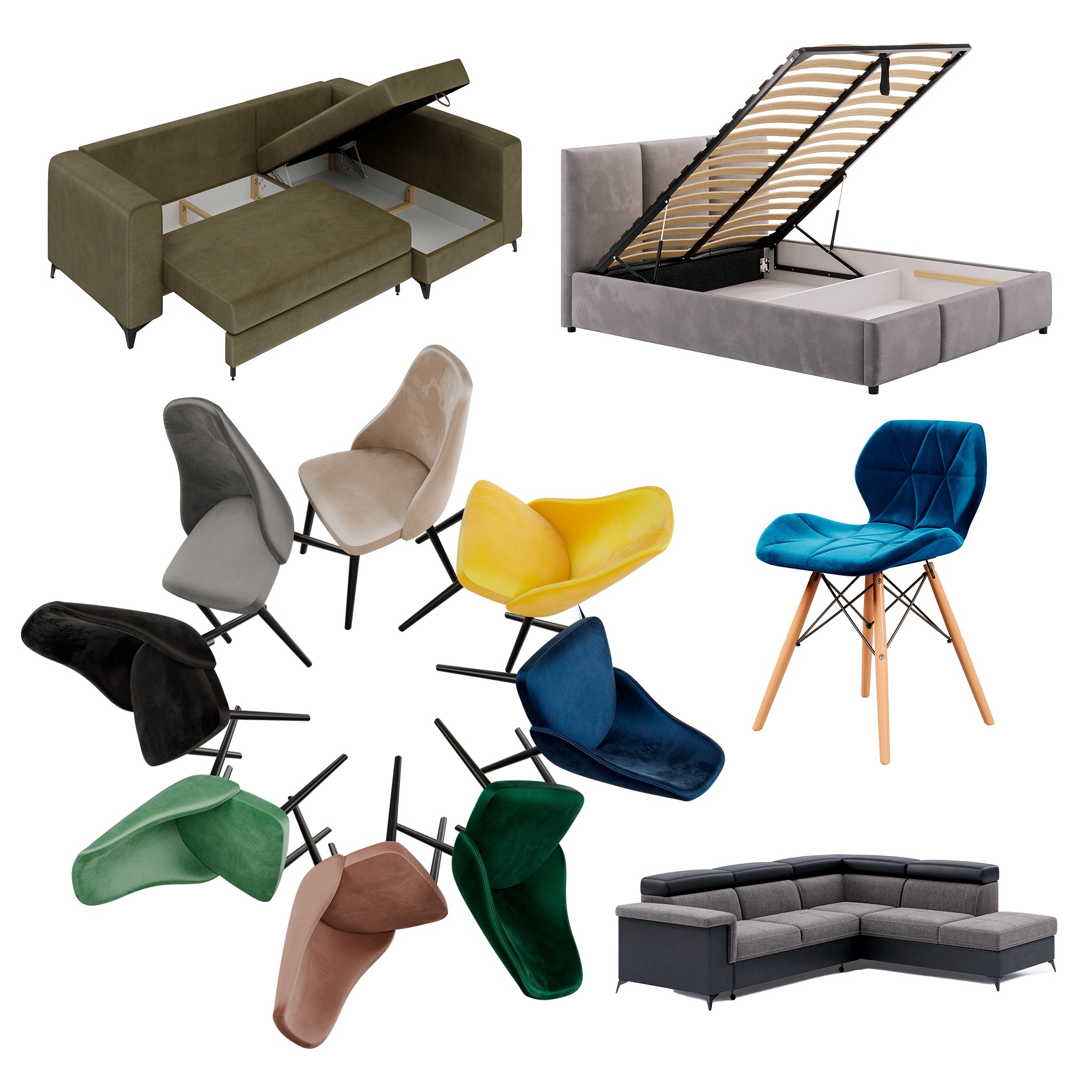 Kolekcja mebli tapicerowanych na białym tle: rozkładana sofa z pojemnikiem, łóżko z podnoszonym stelażem, zestaw krzeseł w różnych kolorach i narożnik.