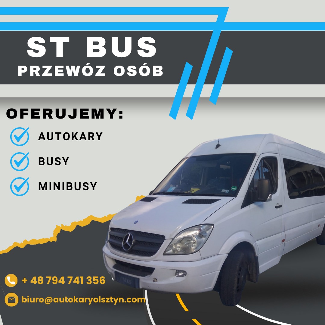 Grafika reklamowa ST BUS z białym busem Mercedes. Oferta obejmuje autokary, busy i minibusy. Kontakt: +48 794 741 356, biuro@autokaryolsztyn.com.