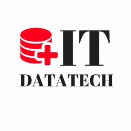 Logo firmy DataTech IT: czerwony symbol bazy danych z plusem obok czarnego napisu IT, poniżej DataTech.