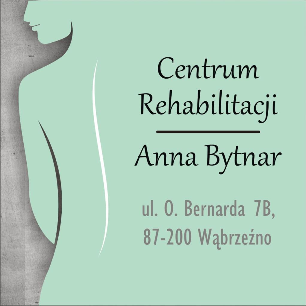 Grafika z adresem Centrum Rehabilitacji Anna Bytnar, stylizowana sylwetka człowieka po lewej stronie.