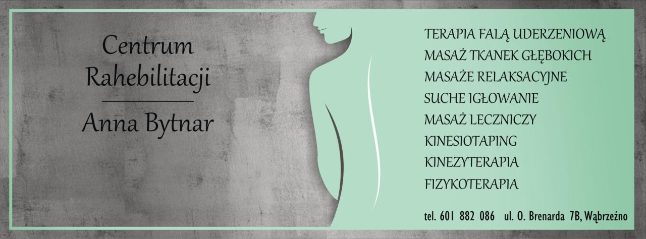 Grafika reklamowa centrum rehabilitacji Anny Bytnar, oferującego terapię falą uderzeniową, masaż tkanek głębokich, masaże relaksacyjne, suche igłowanie, masaż leczniczy, kinesiotaping i kinezyterapię.