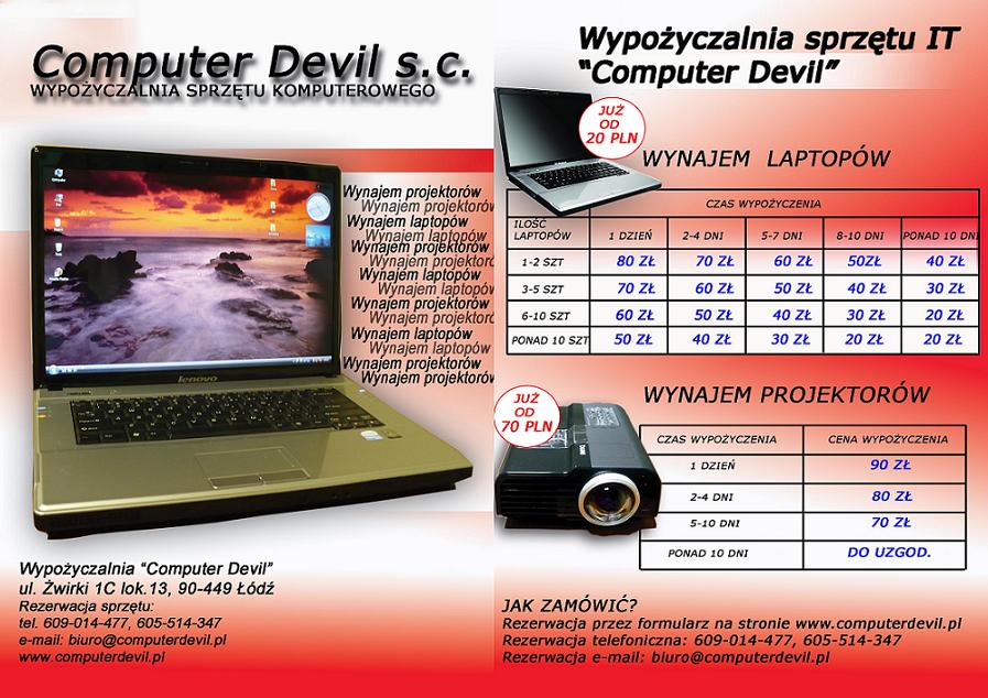 Ogłoszenie wypożyczalni sprzętu IT Computer Devil z cennikiem wynajmu laptopów i projektorów, prezentujące laptop Lenovo z widocznym ekranem i projektor.