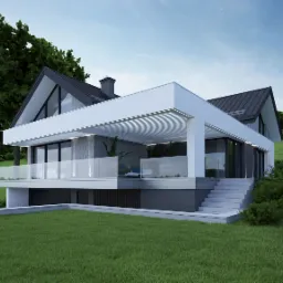Wizualizacja nowoczesnego domu jednorodzinnego z płaskim dachem, szarym dachem dwuspadowym i przeszkloną balustradą balkonu, otoczonego zielonym trawnikiem i drzewami.