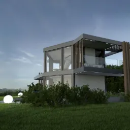 Dwukondygnacyjny dom z dużymi oknami i balkonem, otoczony zielenią, z oświetlonymi kulami na trawniku i górami w tle, wizualizacja.