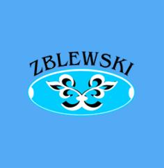 Logo firmy ZBLEWSKI na błękitnym tle, z owalnym elementem w kolorze białym i czarnymi zdobieniami.