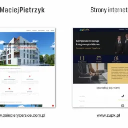 Prezentacja dwóch stron internetowych: jedna z wizualizacją osiedla mieszkaniowego, druga z usługami księgowo-podatkowymi, obie o minimalistycznym designie.