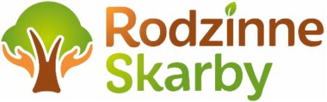 Logo firmy Rodzinne Skarby: stylizowane drzewo z liściem i dłońmi, nazwa firmy w kolorach pomarańczowym i zielonym.
