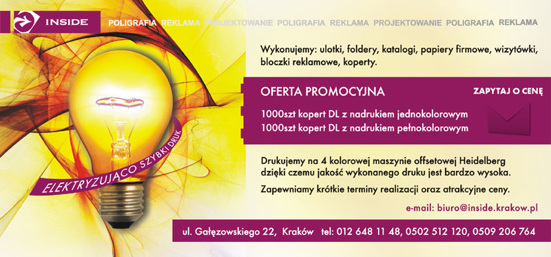 Grafika reklamowa firmy poligraficznej z żarówką i informacją o ofercie na koperty z nadrukiem jedno- i pełnokolorowym oraz adres e-mail i numery telefonów.