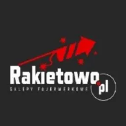 Logo sklepu z fajerwerkami Rakietowo.pl z czerwoną rakietą i gwiazdkami na czarnym tle.