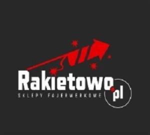 Logo sklepu z fajerwerkami Rakietowo.pl z czerwoną rakietą i gwiazdkami na czarnym tle.