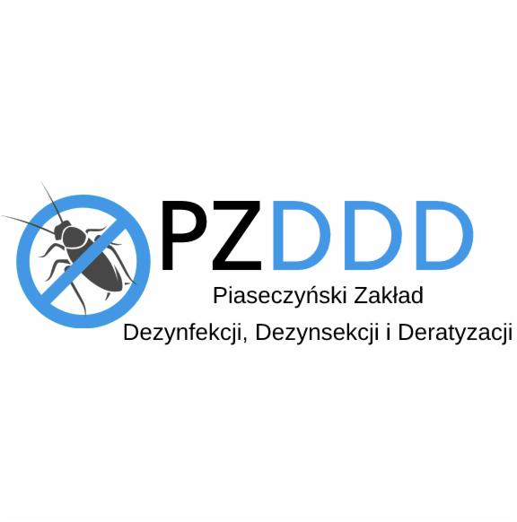 Logo firmy PZDDD: przekreślony karaluch w niebieskim okręgu, obok czarny napis PZDDD, pod spodem Piaseczyński Zakład Dezynfekcji, Dezynsekcji i Deratyzacji.