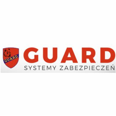 Logo firmy GUARD Systemy Zabezpieczeń, czerwony napis i tarcza z symbolem zwierzęcia na niebieskim tle.