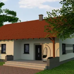 Wizualizacja parterowego domu jednorodzinnego z czerwoną dachówką, ciemnymi oknami i wiszącym fotelem na werandzie, otoczonego zielenią.