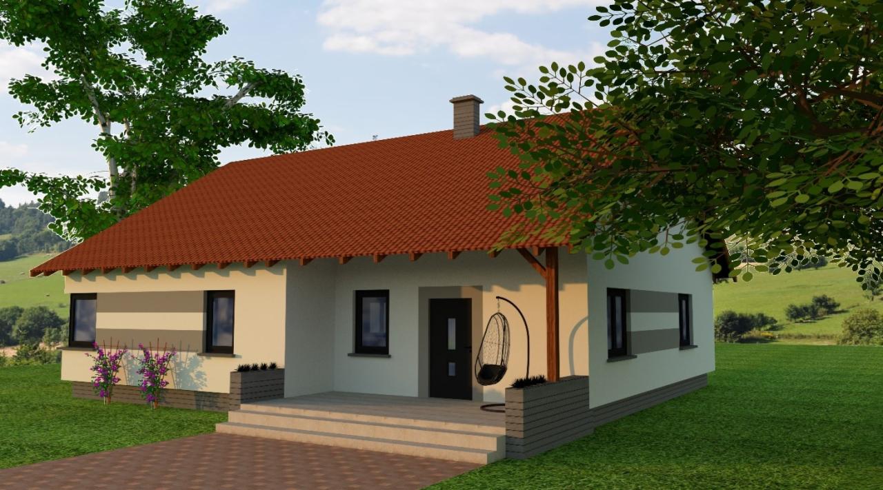 Wizualizacja parterowego domu jednorodzinnego z czerwoną dachówką, ciemnymi oknami i wiszącym fotelem na werandzie, otoczonego zielenią.