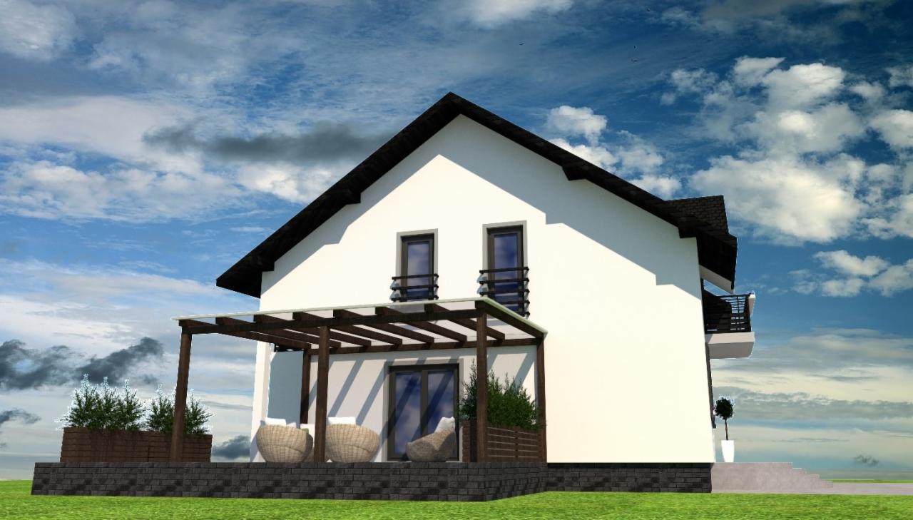 Wizualizacja dwukondygnacyjnego domu z białymi ścianami, czarnym dachem, drewnianą pergolą nad tarasem, rattanowymi fotelami i roślinami w donicach.