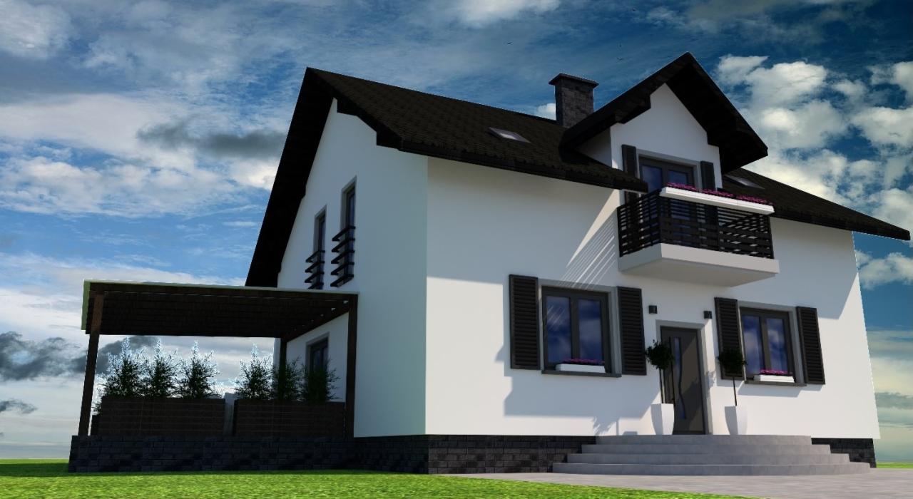 Wizualizacja domu jednorodzinnego z białymi ścianami, czarnym dachem i balkonem, zadaszony taras z roślinami, na tle błękitnego nieba z chmurami.