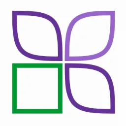 Abstrakcyjny logotyp: zielony kwadrat i fioletowe płatki ułożone w kształt kwiatu na białym tle. Nowoczesny design.