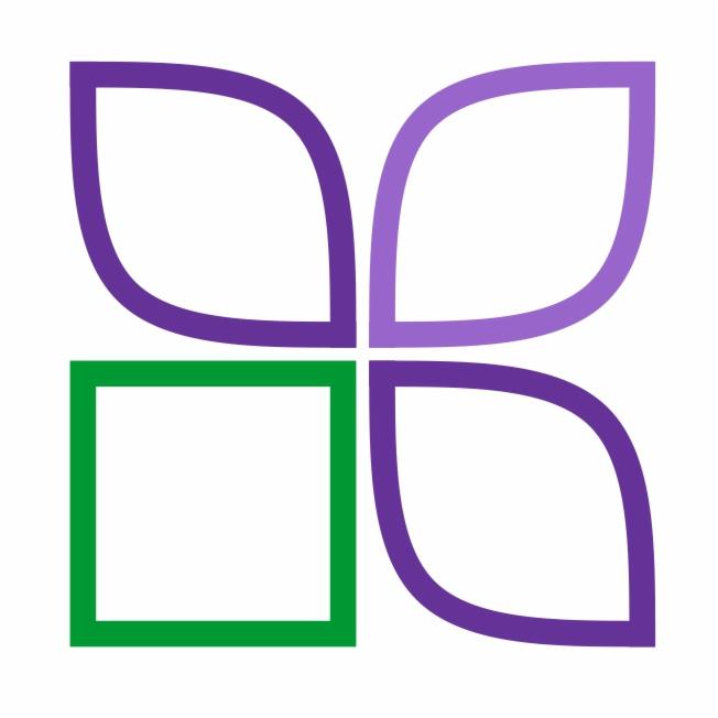 Abstrakcyjny logotyp: zielony kwadrat i fioletowe płatki ułożone w kształt kwiatu na białym tle. Nowoczesny design.