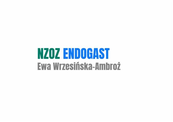 Logo NZOZ ENDOGAST Ewa Wrzesińska-Ambroż na białym tle, nazwa ENDOGAST w kolorze niebieskim, a NZOZ w kolorze zielonym.