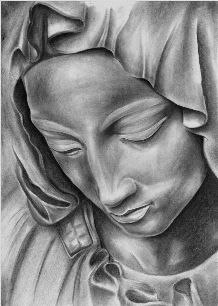 Szary ołówkowy portret kobiety z zamkniętymi oczami i nakryciem głowy, z delikatnym światłocieniem i widoczną fakturą papieru.