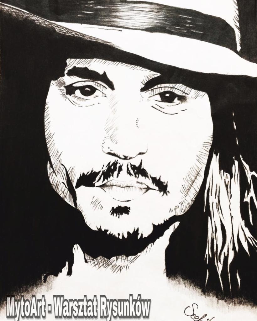 Czarno-biały rysunek portretowy mężczyzny w kapeluszu, wykonany tuszem, z widocznym podpisem artysty i nazwą 'MytoArt - Warsztat Rysunków' w lewym dolnym rogu.